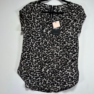 ONLY Grey Leopard Print Blouse Short Sleeve Zip Back Top XS Scandi Minimalist